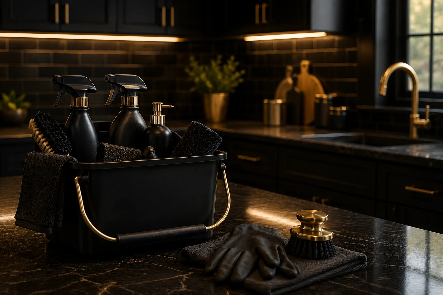 Black and gold cleaning supplies on a kitchen counter